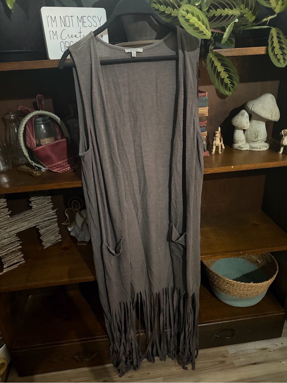 Vintage JODIFL Long Open Fringe Duster Vest in Gray